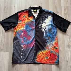 Men's Vintage 90's Street Savy Japanese Dragon Button Up Short Sleeve Shirt Sz L